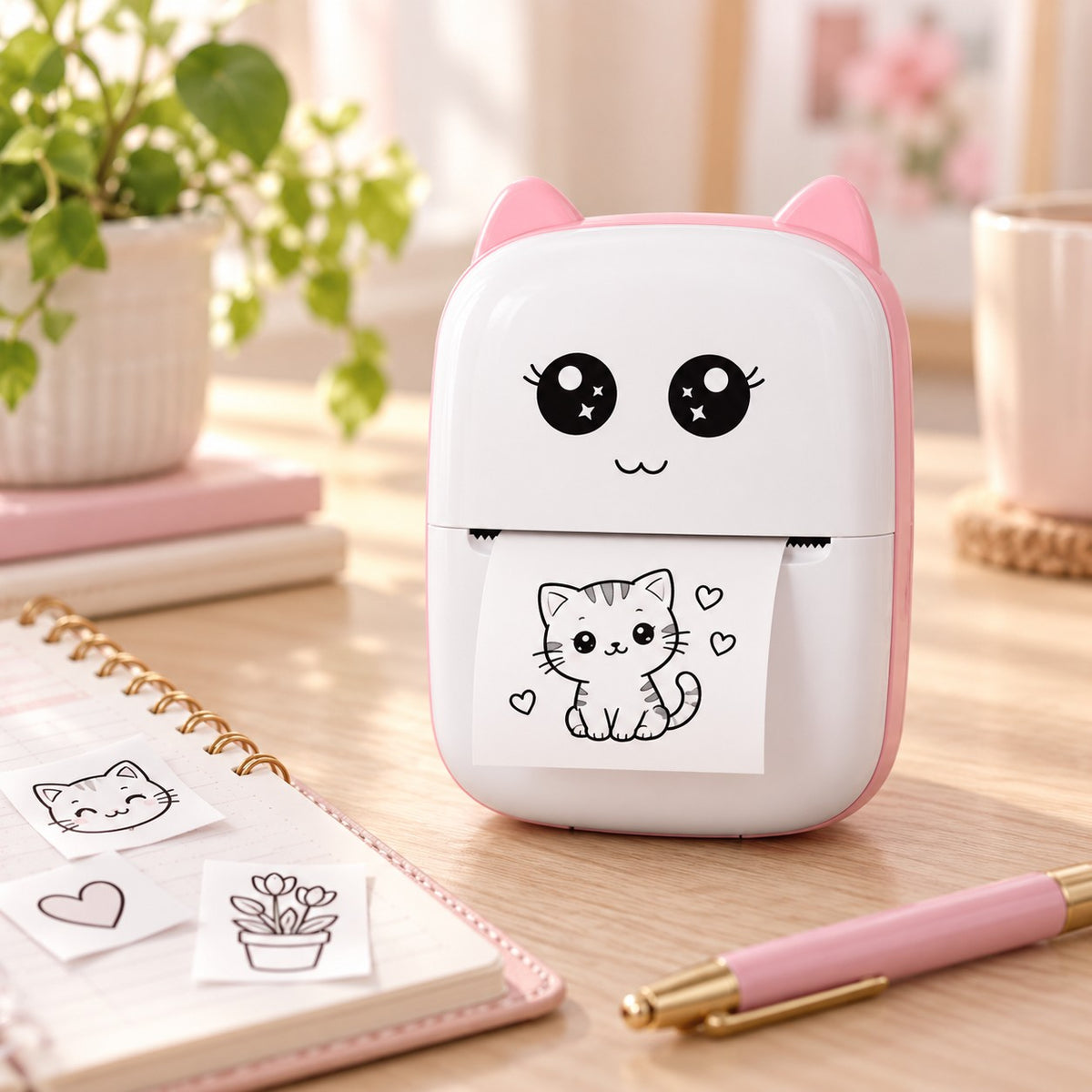 Mini impresora Printimiau rosa en un escritorio con agenda y pegatinas